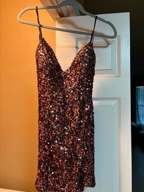 Sequin V-Neck Spaghetti Strap Mini Dress - Copper